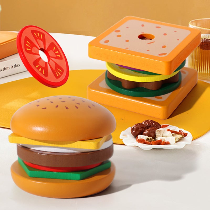 Wooden Burger Fries Sandwich Set Column Building Blocks Creative Shape Matching Simulation Kitchen Cutting Toys - Image 2